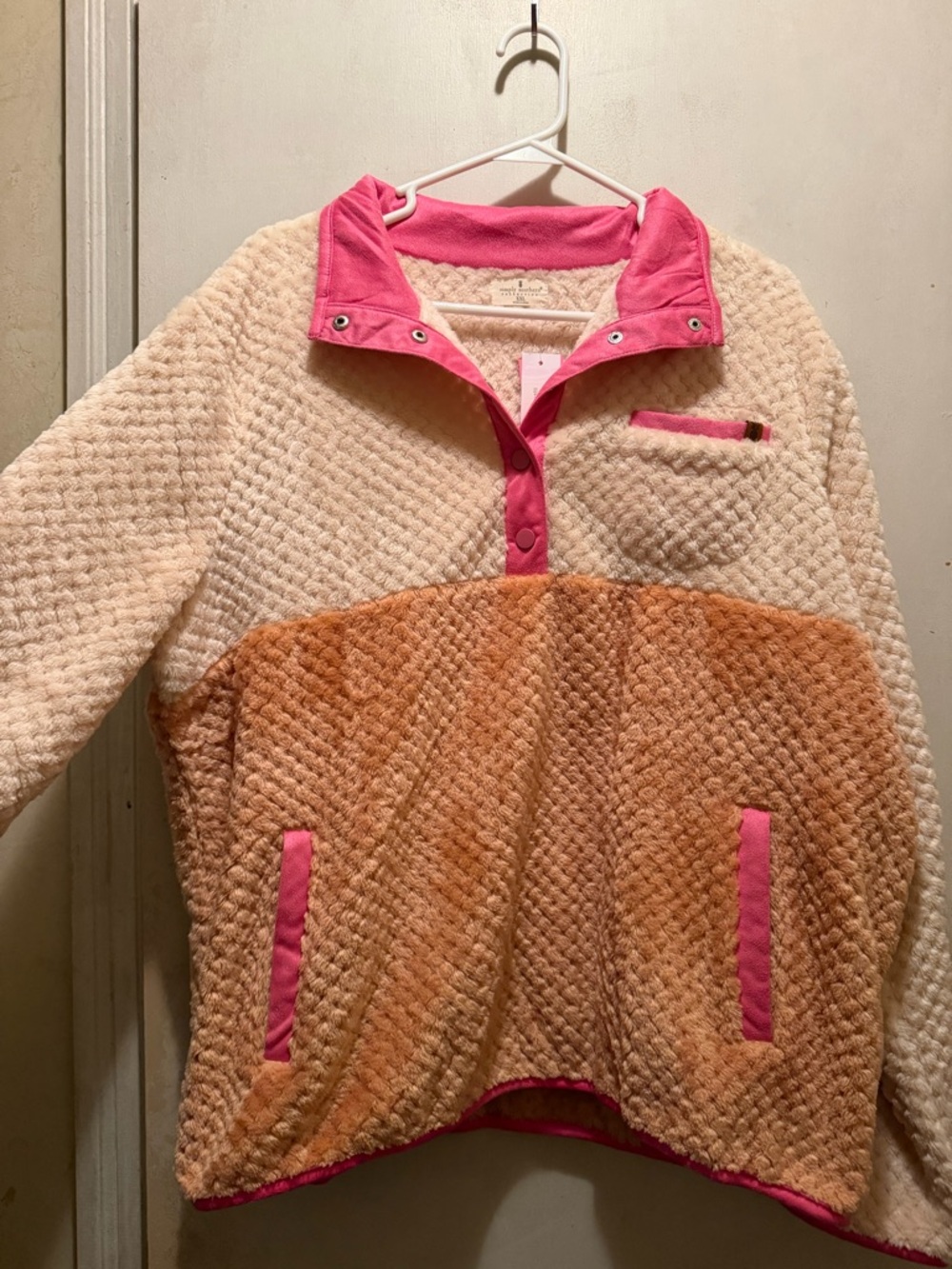 Simply Southern Cream Fleece Quarter-Snap with Bright Pink Trim